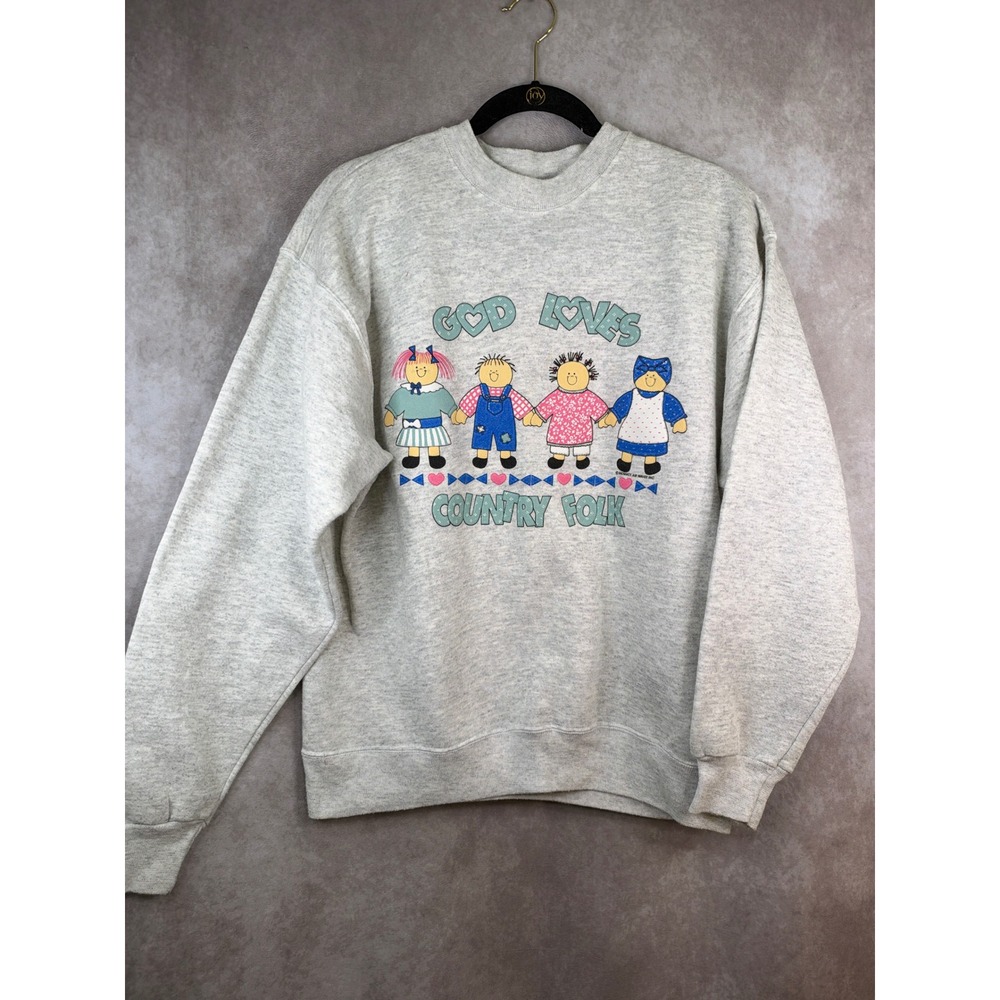Vintage 1992 Hanes Sweatshirt Women Large Gray God Loves Country Folk Graphic